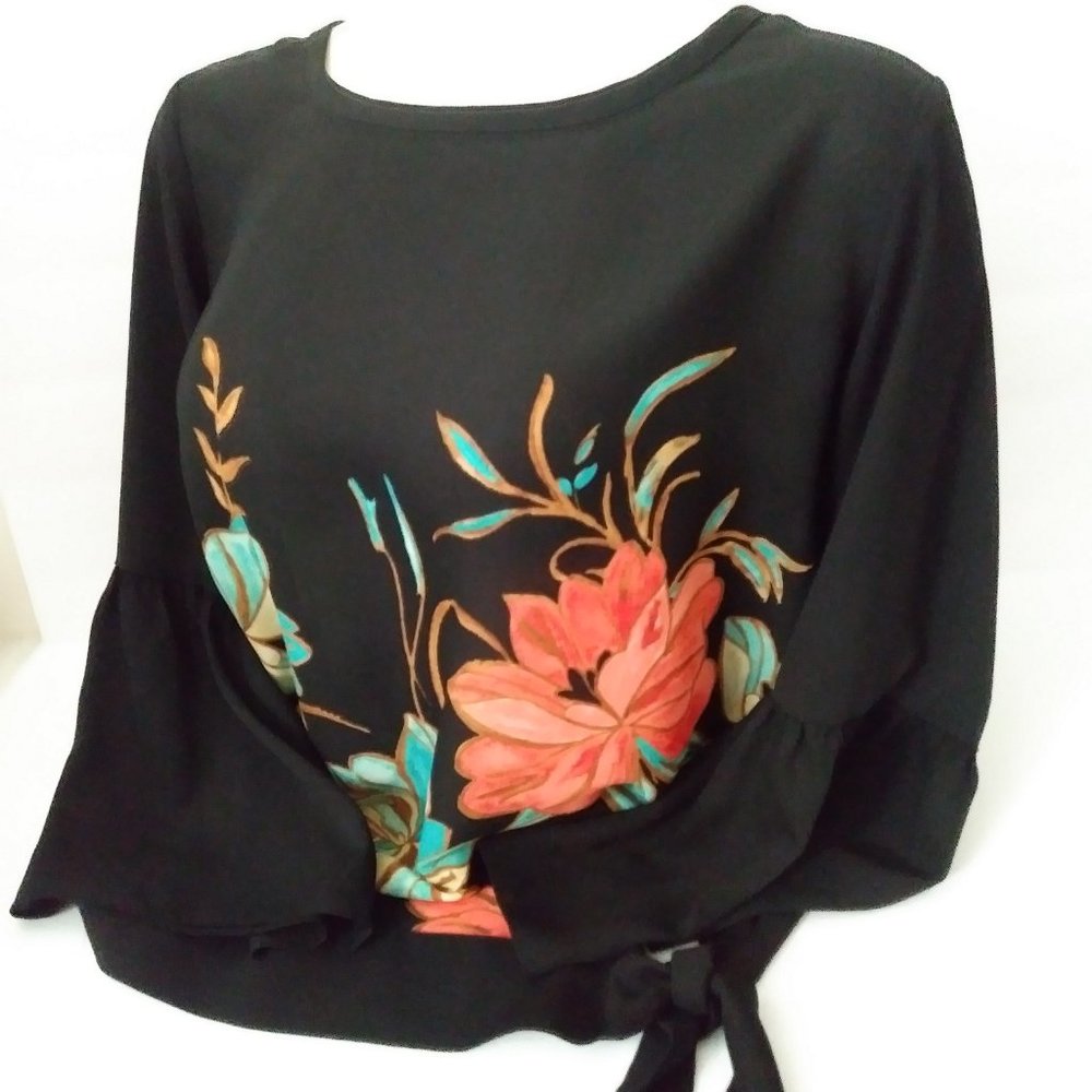 JM Collection Black Floral Blouse 3/4 Sleeve - Picture 2 of 12